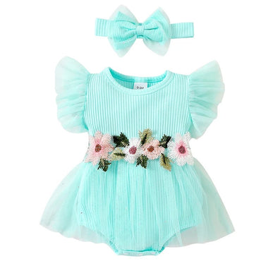 Floral Skirt Baby Romper - Teal