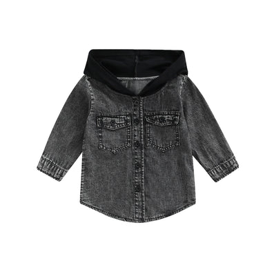 Kids Hooded Denim Button-up - Black