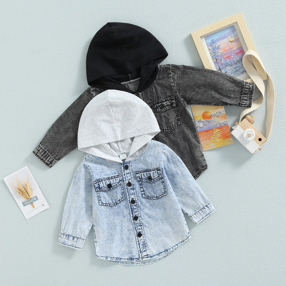 Kids Hooded Denim Button-up - Black