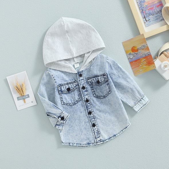 Kids Hooded Denim Button-up - Blue