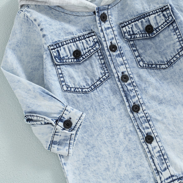 Kids Hooded Denim Button-up - Blue