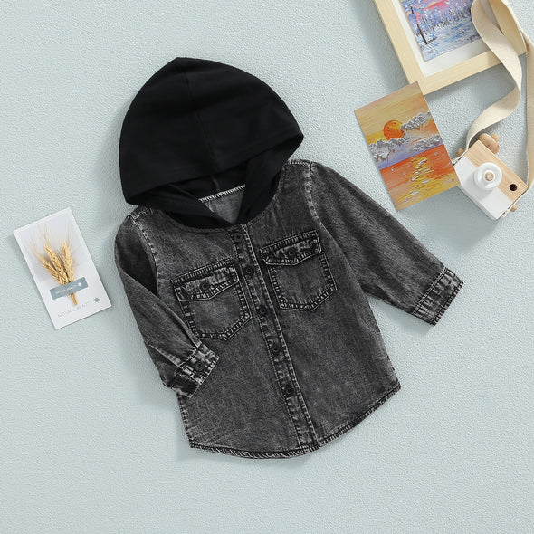 Kids Hooded Denim Button-up - Black